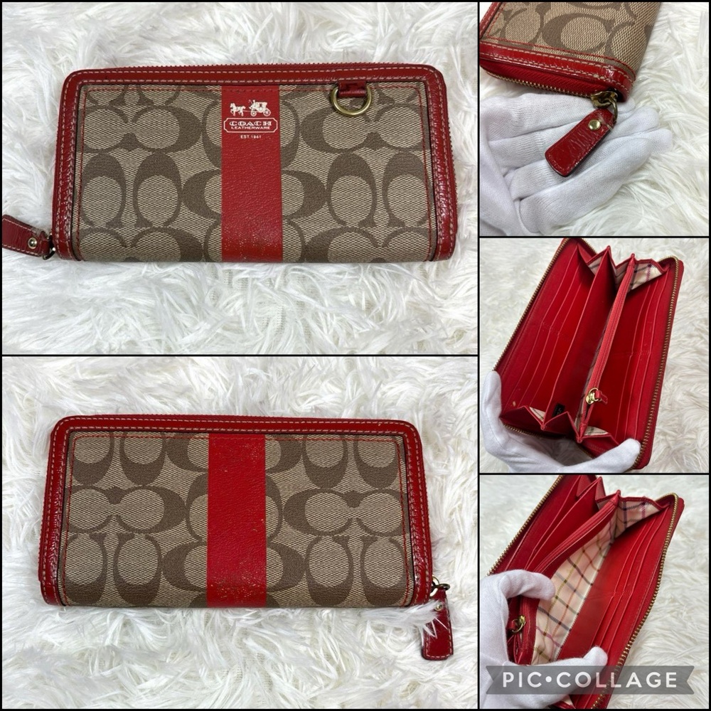 Coach Tan/Brown Signature w/Red Patent Leather Zip Wallet